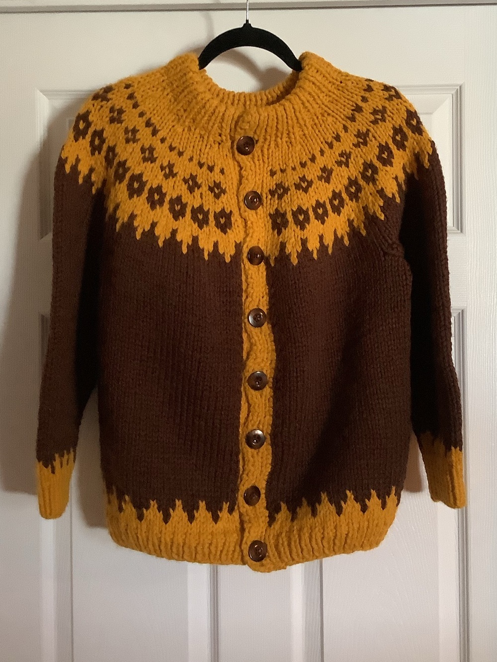 Handmade Fair Isle Yoke Knit Cardigan Sweater Size M Brown Mustard Yellow Cabin
